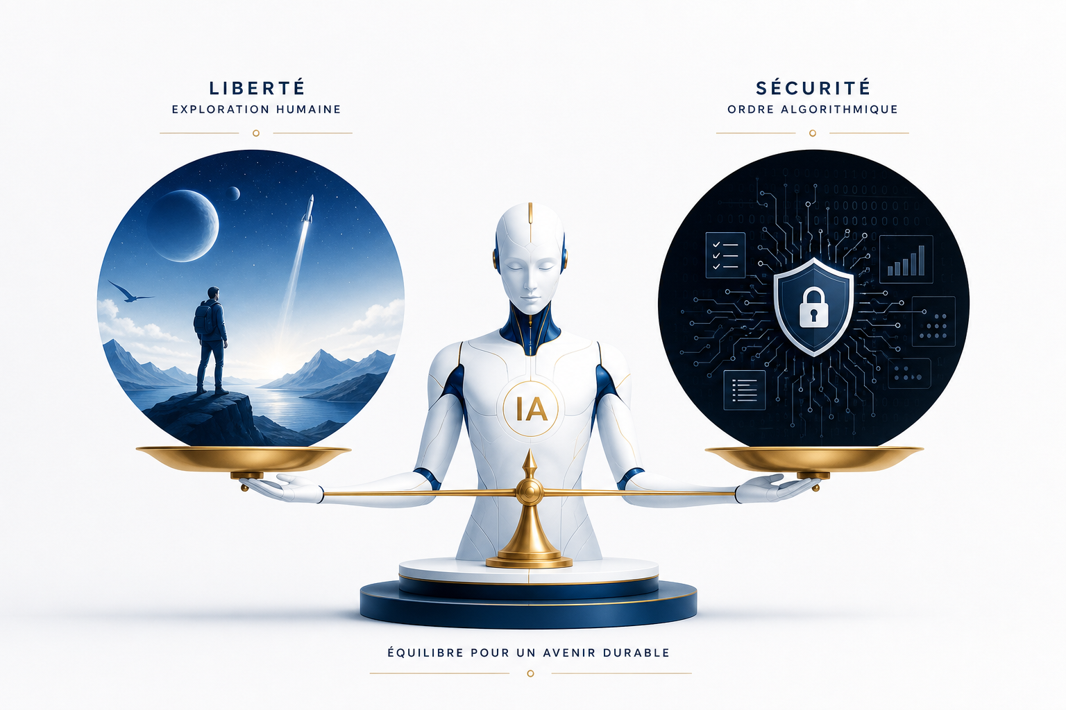 Une balance symbolisant l'équilibre entre sécurité, liberté et contrôle par l'IA