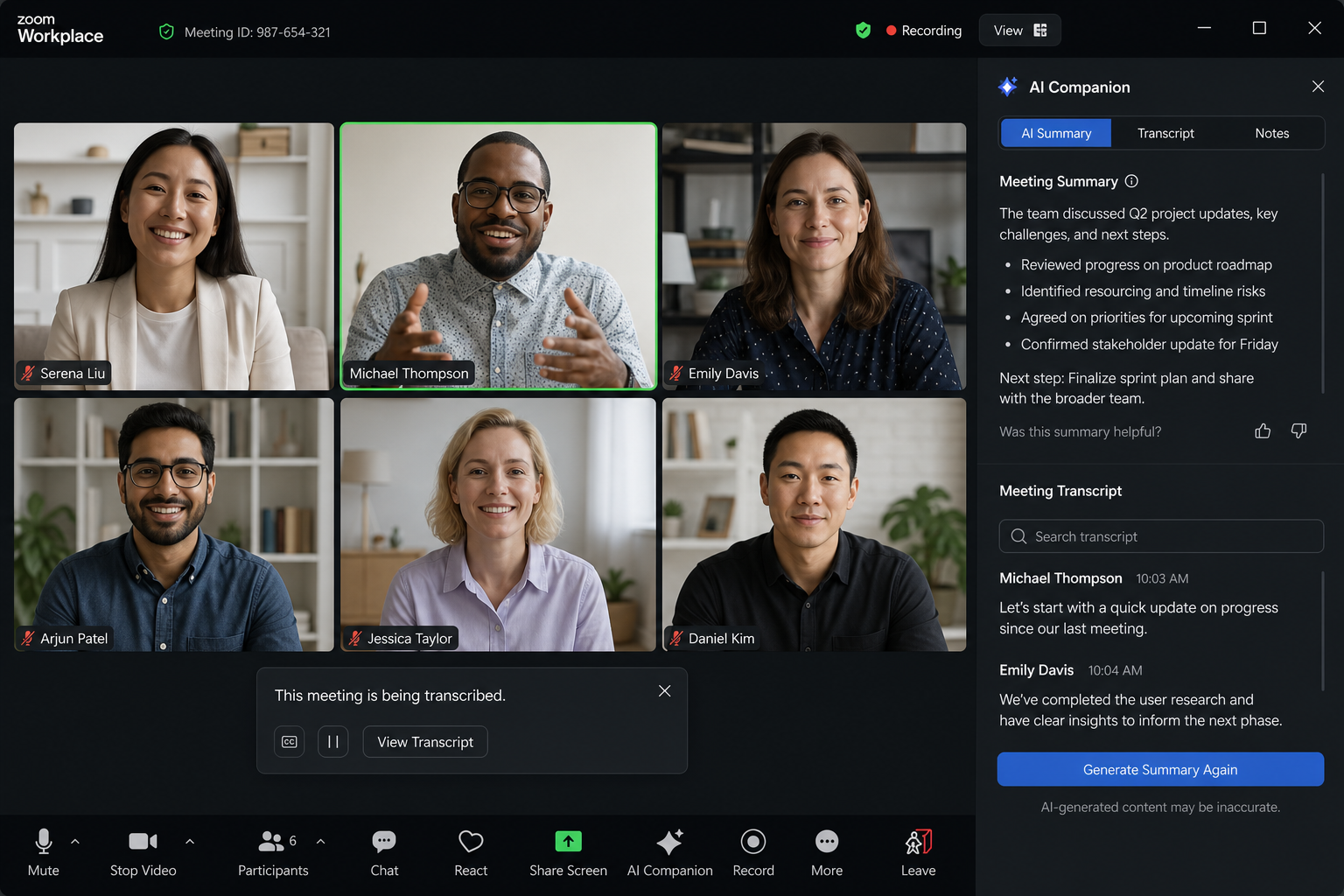 Interface Zoom avec enregistrement, transcription et résumé IA