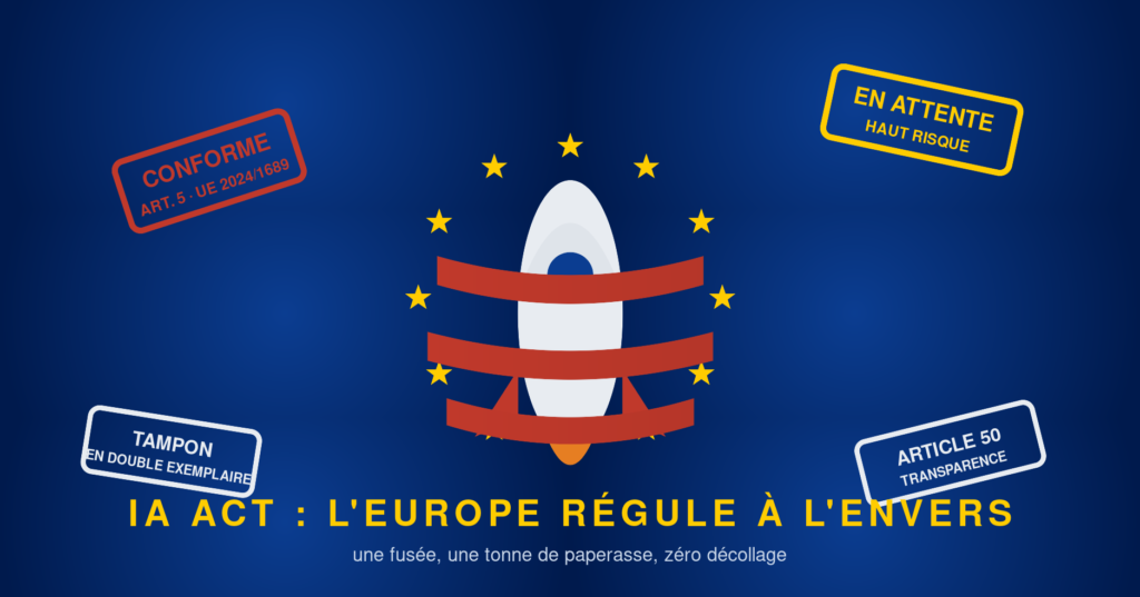 IA Act : 4 raisons choquantes pour lesquelles l'Europe régule à l'envers 2 IA Act : illustration satirique d'une fusée européenne empêtrée dans du ruban rouge administratif